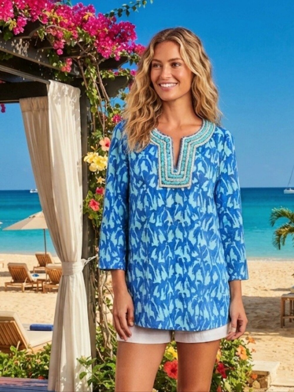 Vineyard Vines Blue Linen Blend Parrot Print Beaded Tunic Top Size Small
